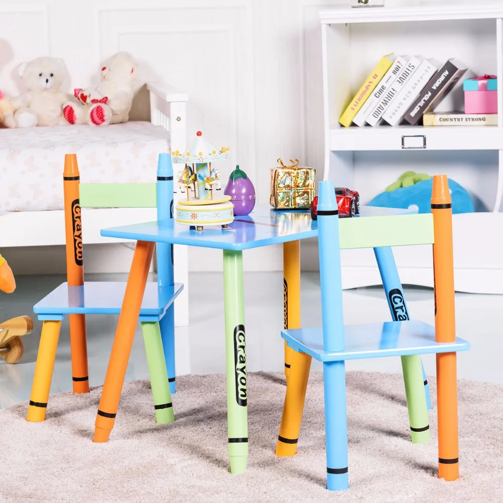 Giantex 3 Piece Crayon Kids Table & Chairs Set Wood Children Activity Playroom Furniture HW58673 Giantex 3 Piece Crayon Kids Table & Chairs Set Wood Children Activity Playroom Furniture HW58673