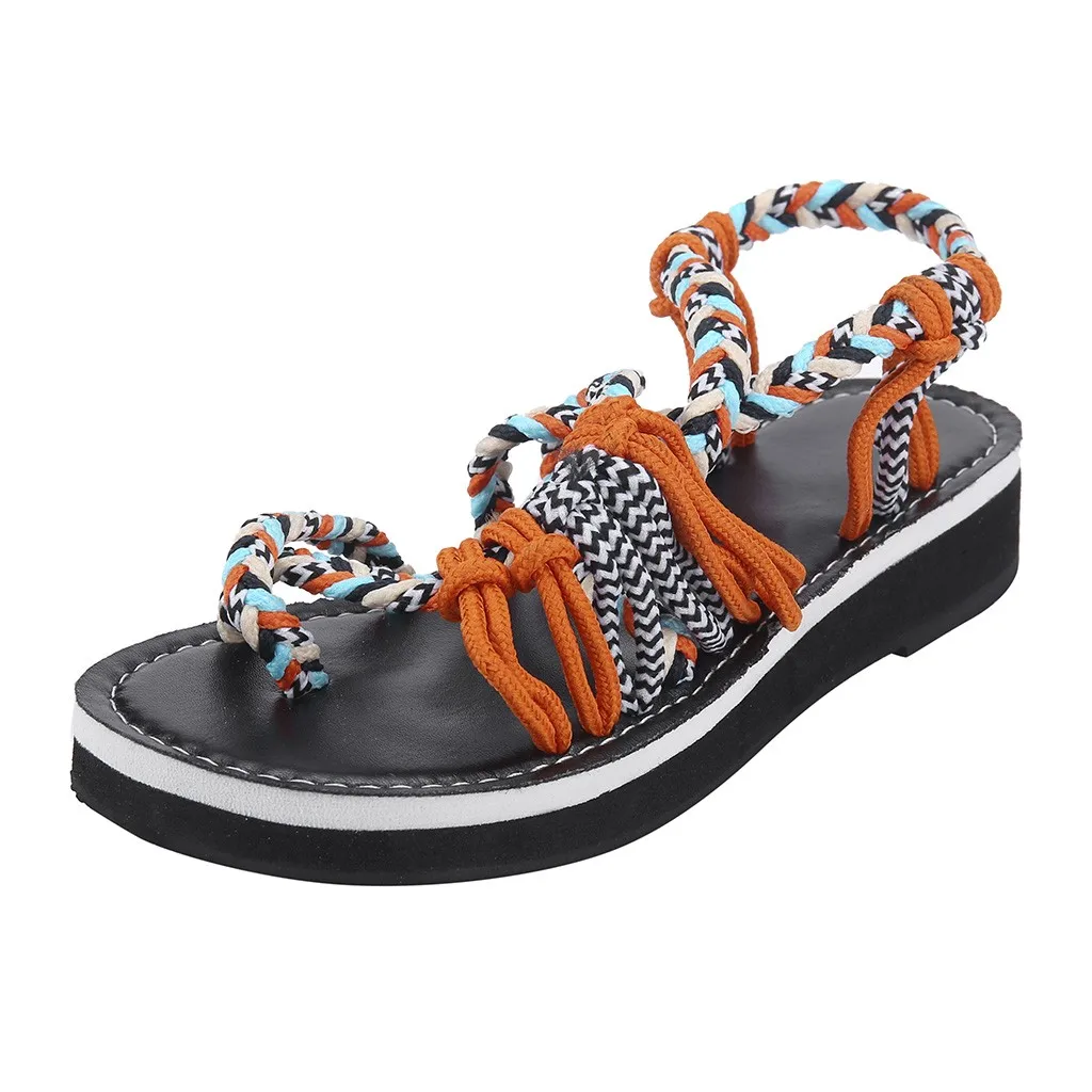 

SAGACE Fashion Summer Women Sexy Non-Slip Outdoor Round Toe Hemp Rope Cross Low Heel Woven Matching Roman Beach Sandals Toe Shoe