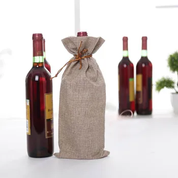

5pcs 5.9x14.6inches Linen Gift Bags Gold Thread Drawstring Single Bottle Jute Wine Pouches for Party Wedding Red Brown Logo