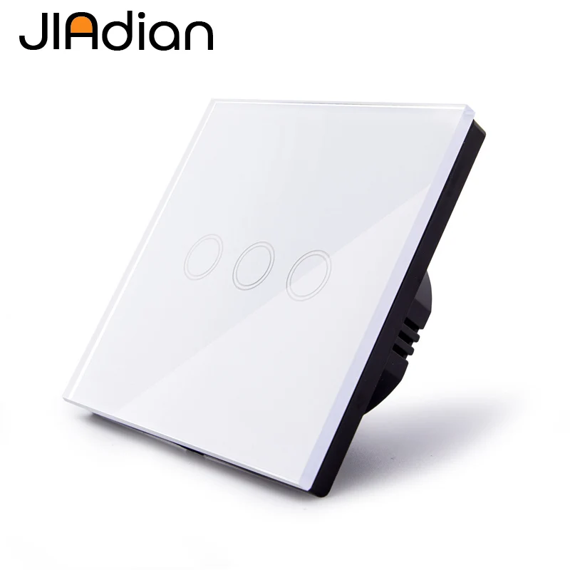 

JIADIAN EU Standard Light Switch Wall Touch Switch Luxury Gold/Black/white Crystal Glass, 3 Gang 1 Way Sensor Switch