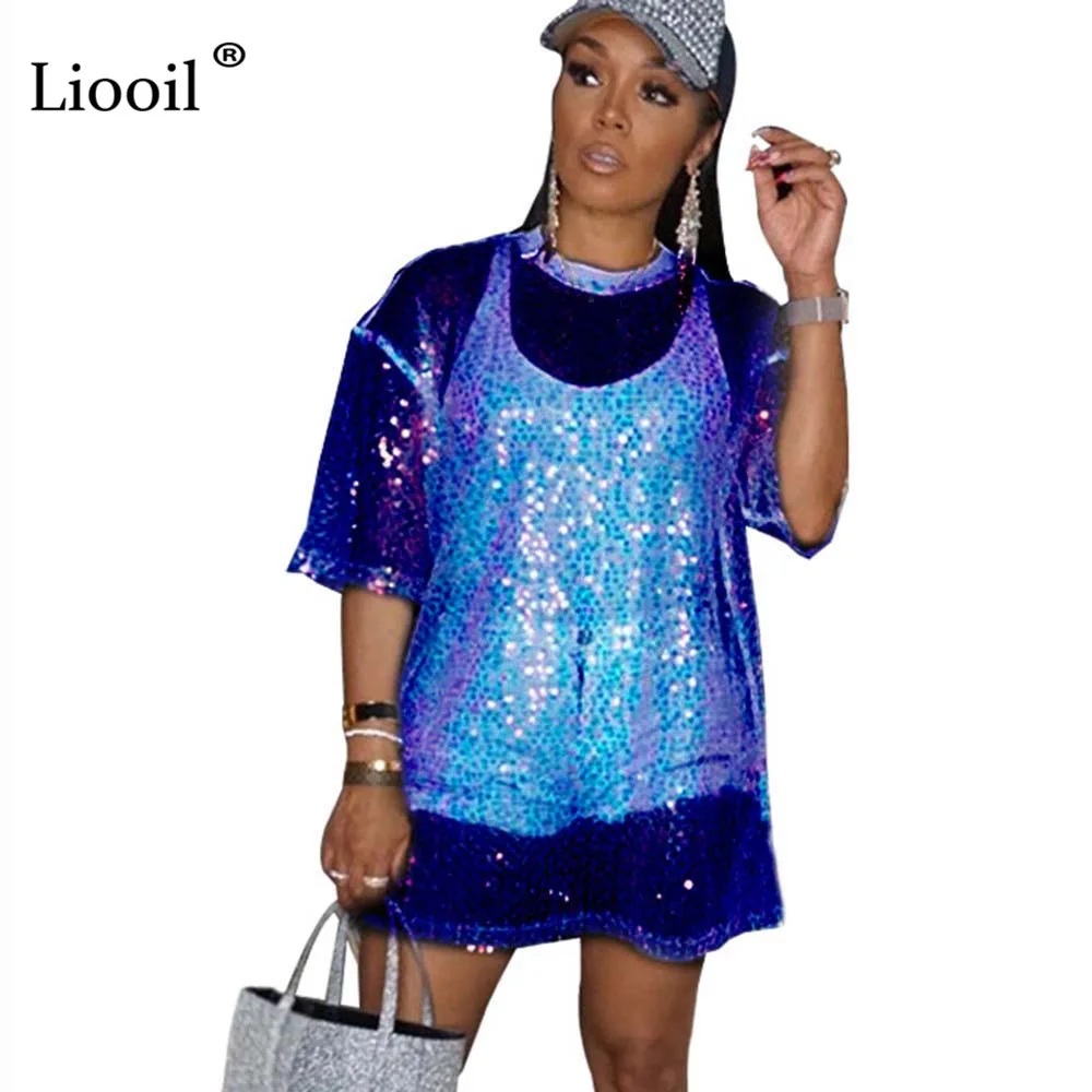 Liooil/Сетчатое прозрачное свободное мини-платье с блестками, рубашка, женская одежда для спортзала, прозрачные белые сексуальные платья, женские вечерние платья