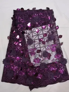 

Golden Shining Sequins French Lace Fabrics With Beads 3D Flowers African Tulle Net Lace Fabric For Wedding Party Dress Purple