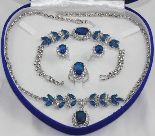 

FREE shipping>>18K Gold Plated Inlay Blue crystal Necklace Bracelet Ring Earring set AAA