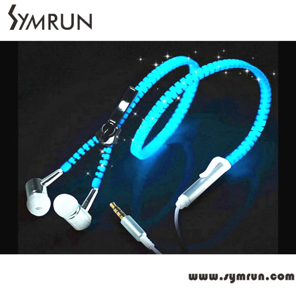 Symrun Cool Luminous Earphone Metal Zipper Glow Earphones Glowing In The Dark Stereo Blue Led Headphones