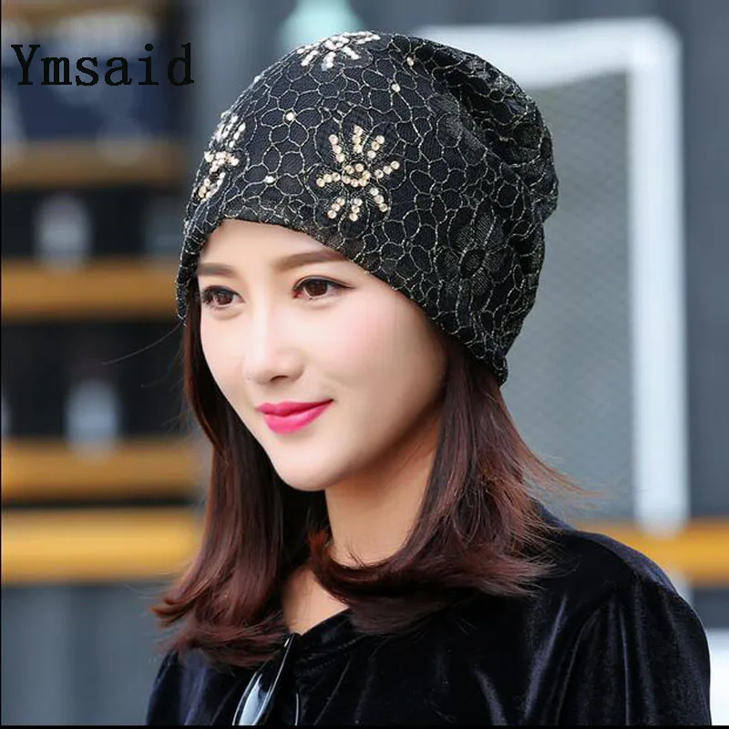 

YmsaidSpring Autumn 4 Colors Breathable Women's Hat Lace Flower Beanie Scarf Cap Thin Hats For Women Newest Gorro Feminino Head