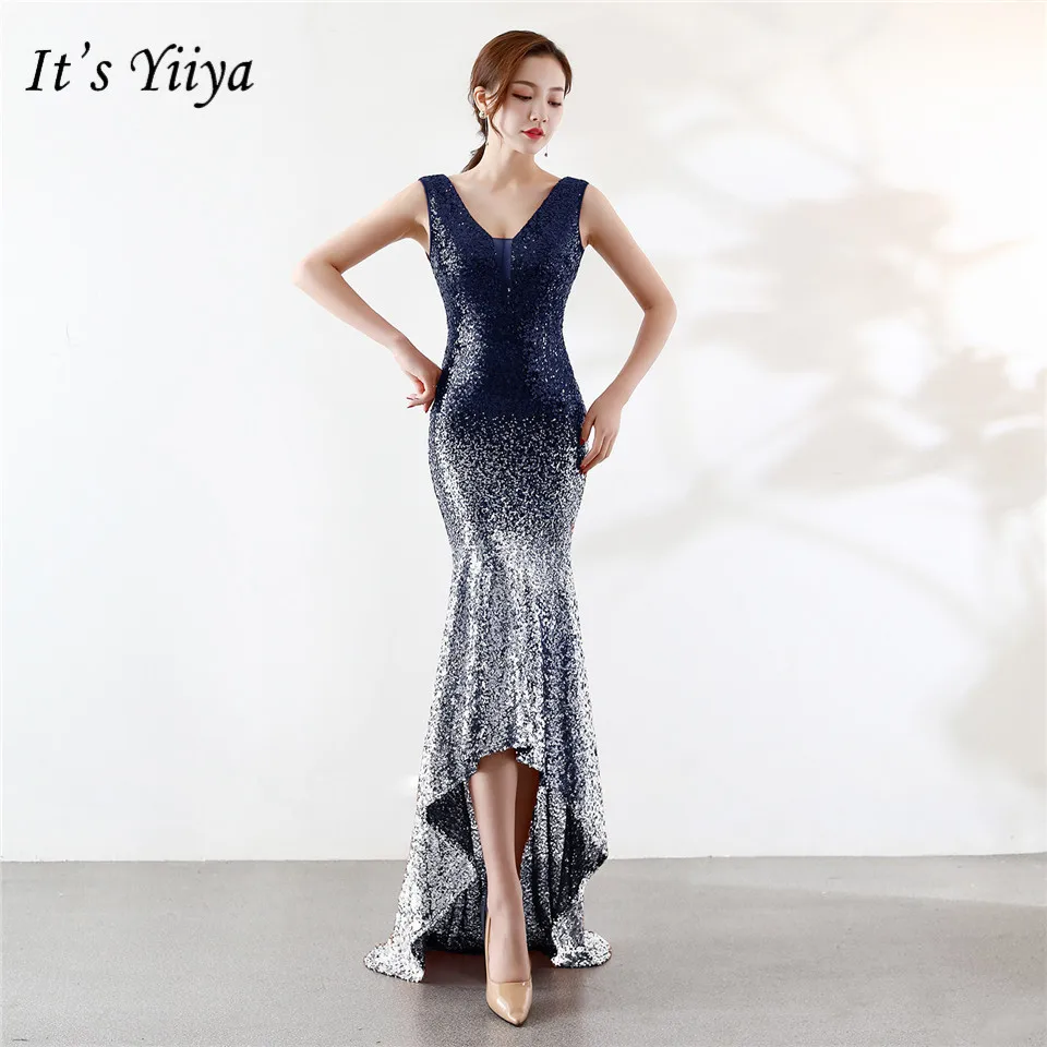 

It's Yiiya Evening dress 2019 New V-neck Zipper back Sexy Party Gowns Elegant Floor-length Sequined sleeveless Prom dresses C101