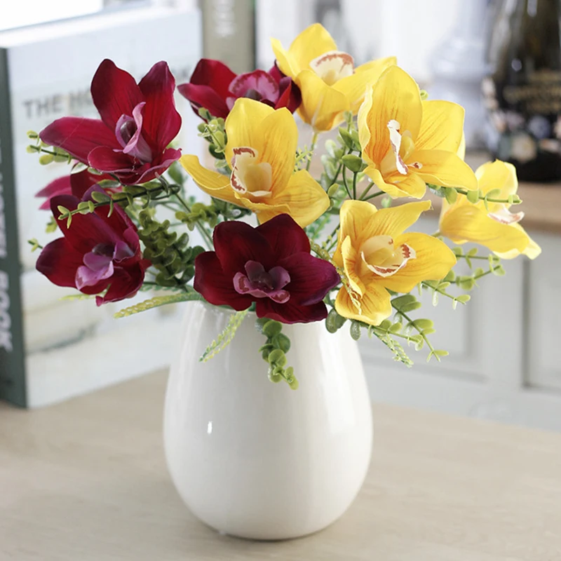 

5 Heads Silk Artificial Orchid Flowers Real Touch Wreath Fake Flower For Wedding Home Decoration Accessories Valentines Day Gift