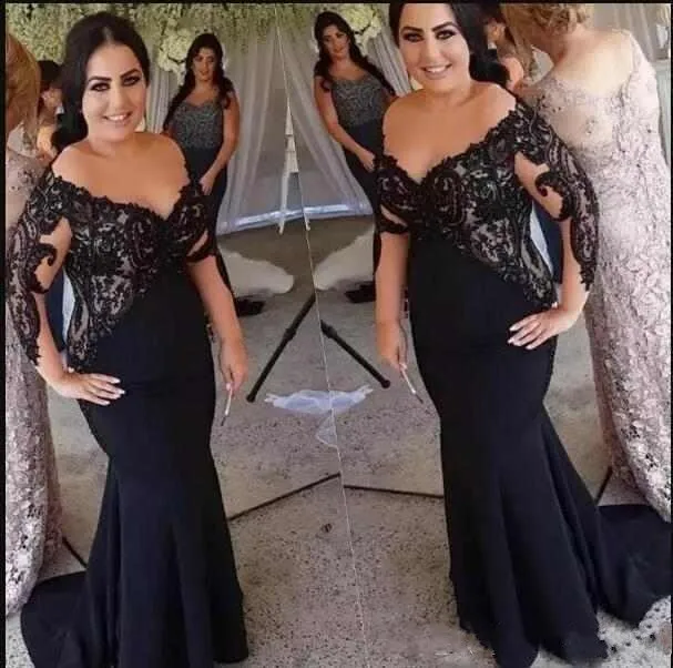 

Robe de soiree Plus Size Black Long Sleeves Lace Mermaid Evening Dress 2019 Abiye Sexy Sheer Illusion O Neck Prom Dresses