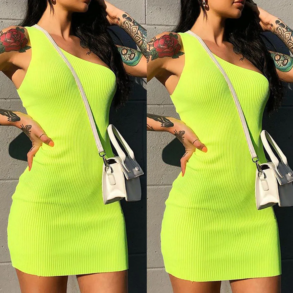 

Fashion Women dress vestidos One Shoulder female clothing Sexy Solid Backless Mesh Bodycon Dress jurken zomer 2019