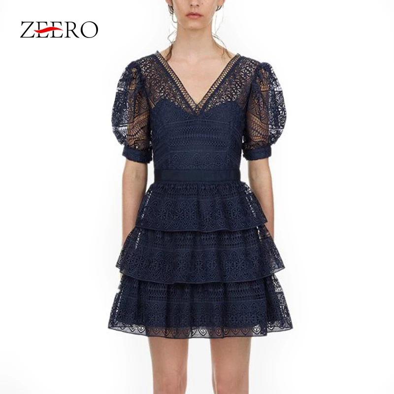 

Self Portrait New Summer Lace Dress Runway Women Sexy V-Neck Hollow Out Ruffles Layered Dress Vestidos Short Sleeve Party Dress