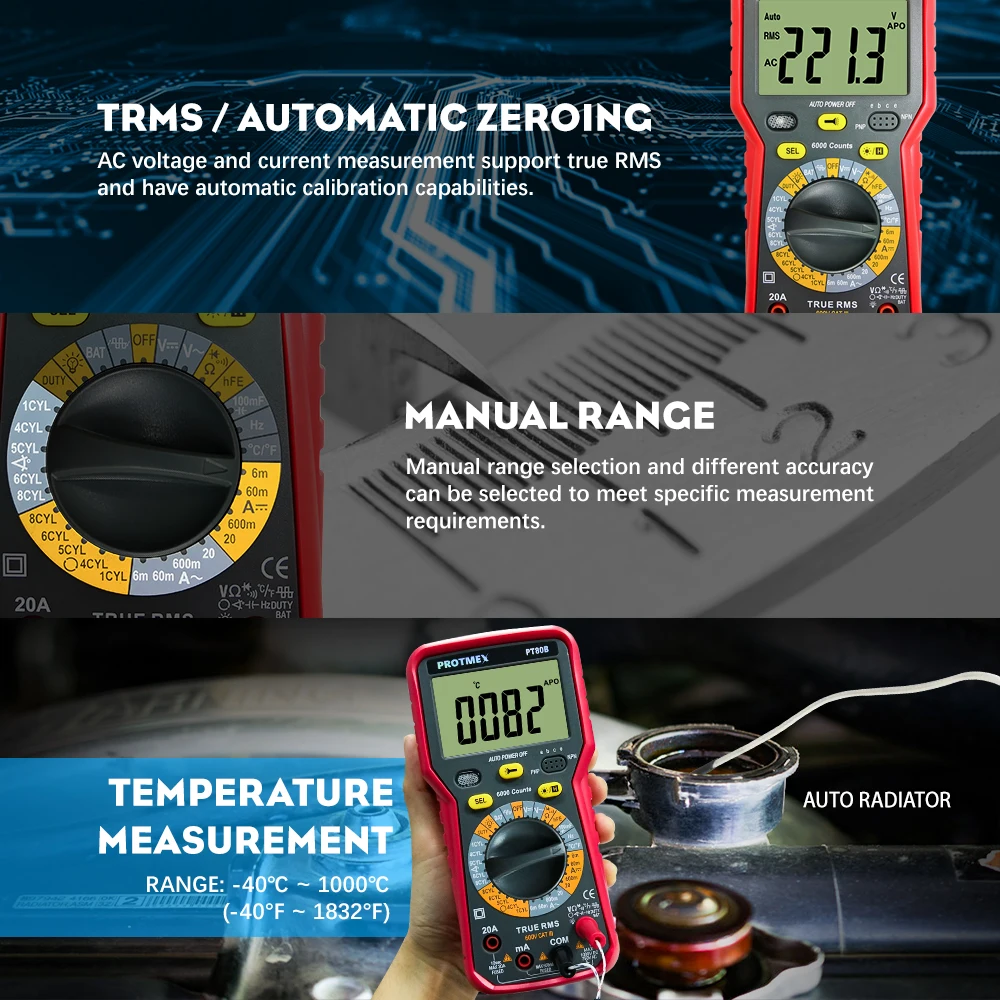 Protmex PT80B/80E 6000 отсчетов Цифровой Авто/ручной автомобильный тестер мультиметр DC/AC напряжение, ток, сопротивление, Емкость Тестер