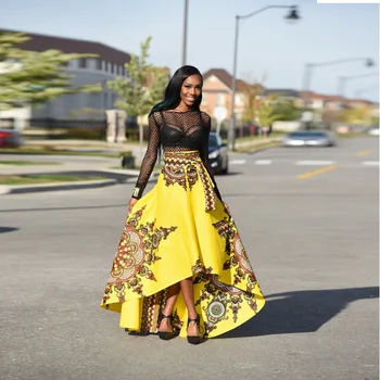 

hot hot africa fashion print short before back length flowing expansion skirt