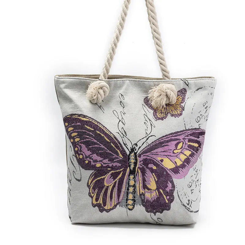Creative Rope Purple Butterfly Jacquard Canvas Bag Wholesale Quality Art Canvas Shoulder Bag ...