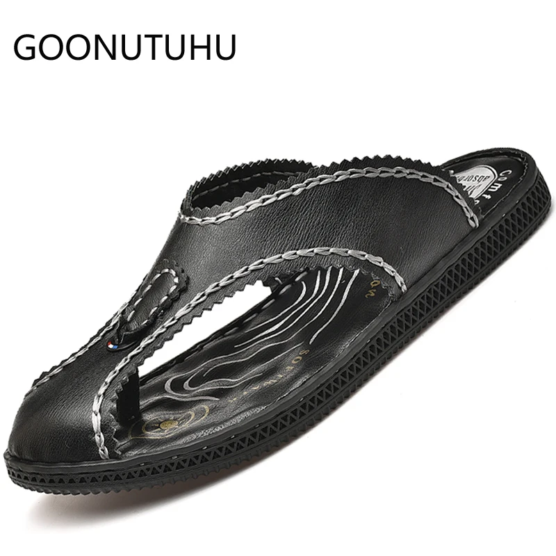 

2019 fashion men's slippers casual genuine leather shoes male flats outside beach slipper man hot sale outdoor slippers for men