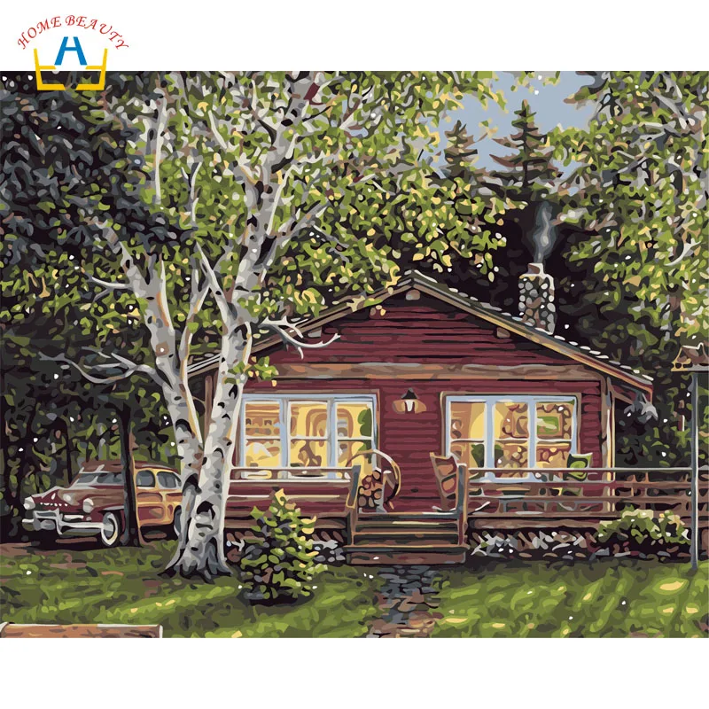 

coloring by numbers on canvas acrylic paints nordic art paintings on the wall home decor landscape pictures forest house W6792