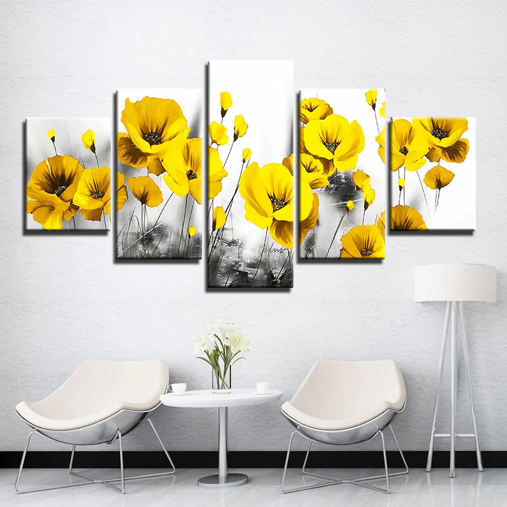 

Canvas Prints Pictures Living Room Wall Art 5 Pieces Light Yellow Flower Painting Home Decor Modular Beautiful Floral poppies