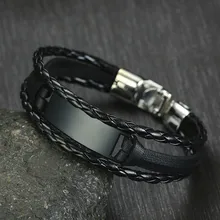 Черная Плетеная кожа браслет персонализированные бар из нержавеющей стали мужские наручные Аксессуары для упаковки