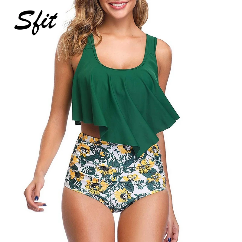 

Sfit Women Fashion Two Pieces Tankini Print Swimsuits Ruffles High Swimwear Wide shoulder Strap Beachwear Bathing Suit