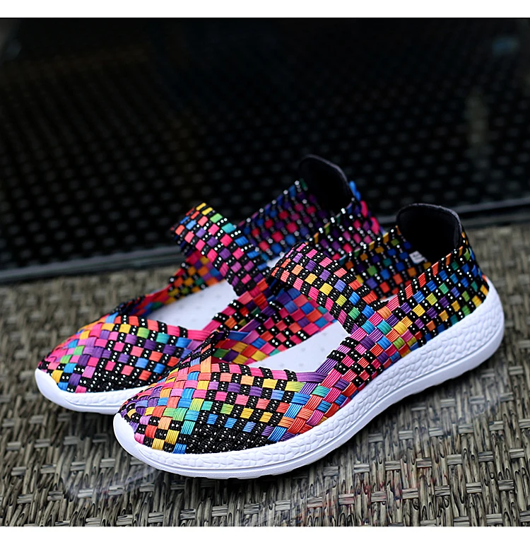 Womens Shoes Summer Sneakers Breathable Casual Flats Female Woven Shoes Slip On Ladies Loafers Handmade Sneakers Big Size 42