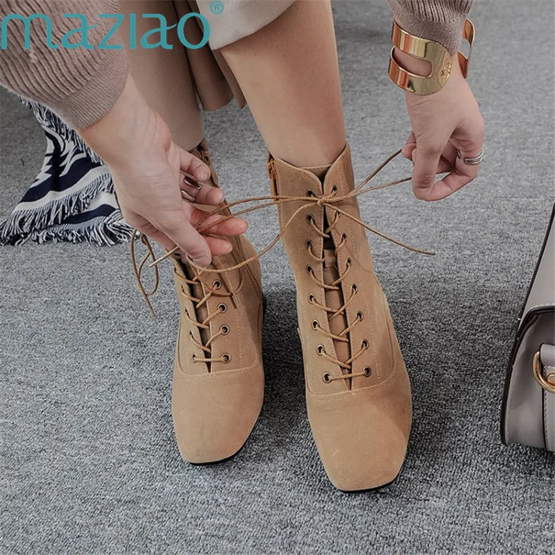 

Female Shoe Suede Side Zipper Cross Straps Short Plush Square Heel Plus Size Women Shoes Winter Boots MAZIAO