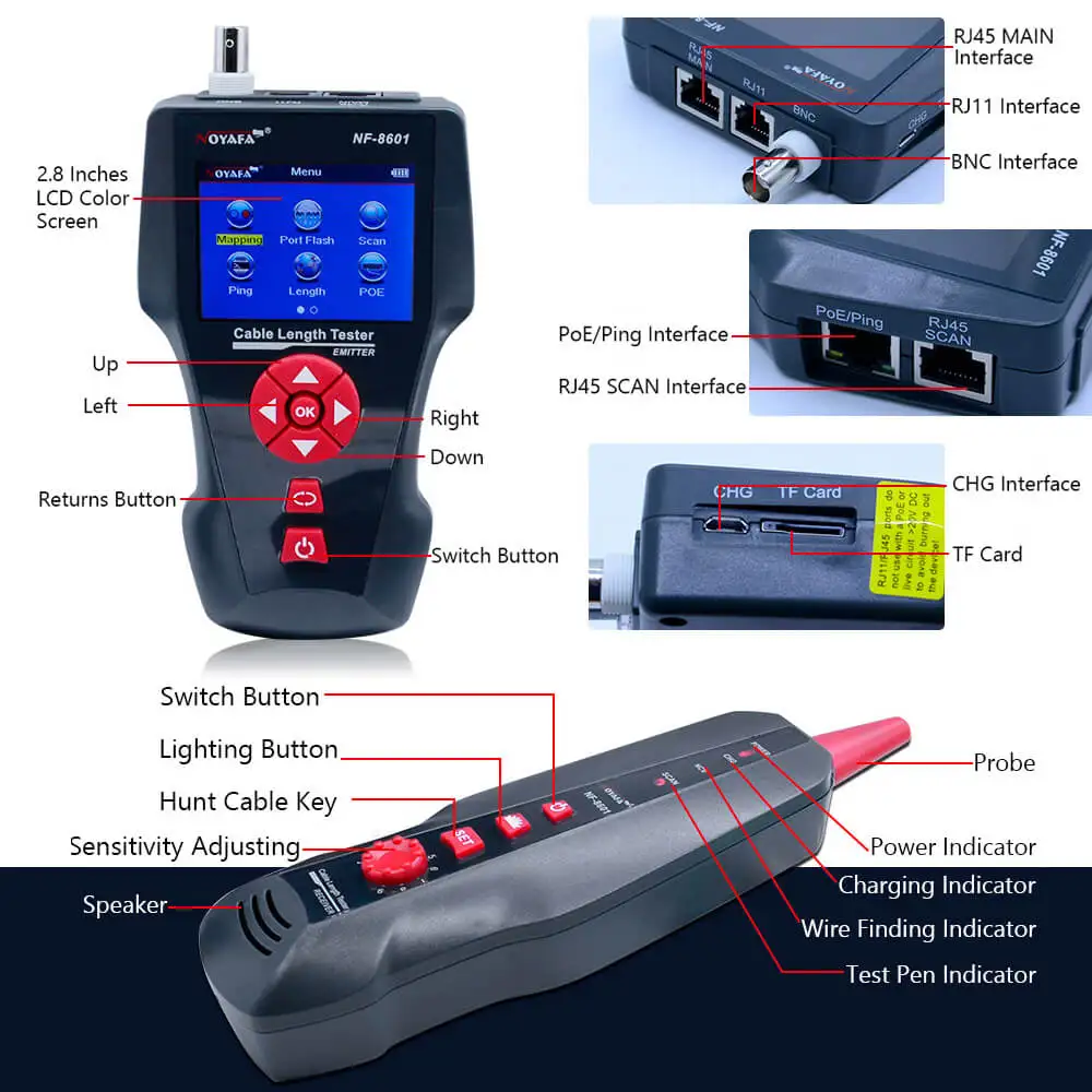 Noyafa Многофункциональный тестер сетевого кабеля длины ЖК для RJ45 RJ11 BNC PING/POE|noyafa