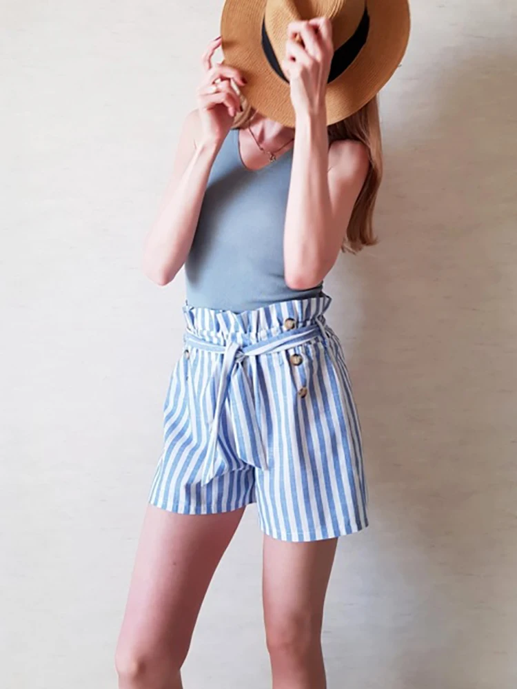 Синий с высокой талией, в полоску пояса шорты Для женщин 2019 Летняя Сексуальная Кнопка Мини-шорты Harajuku женские летние шорты женские