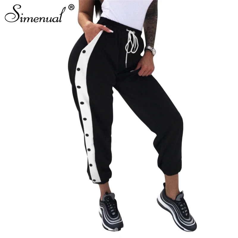 Cena Simenual Athleisure przyciski kobieta wysoka talia spodnie biegaczy splice czarny białe spodnie kobiety streetwear moda lato pantalon