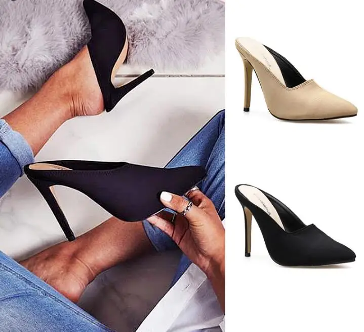 

2019 Sandals Outdoor Super high heels Pointed toe Ladies Stretch Fabic Solid Hollow Slippers Outdoor luxury brand Roman