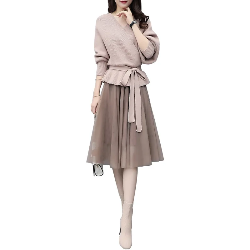 

Women Sweater Dresses Spring 2019 New Casual Bandage Knitted Dress Plus Size 4XL Vintage A-line Mesh Dress Vestidos 2 Piece Set