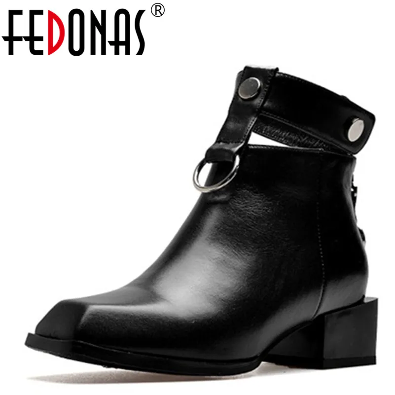 

FEDONAS Women Genuine Leather Boots Square Heels Autumn Winter Ankle Boots Sexy Snow Boots Shoes Woman Buckles Motorycle Boots