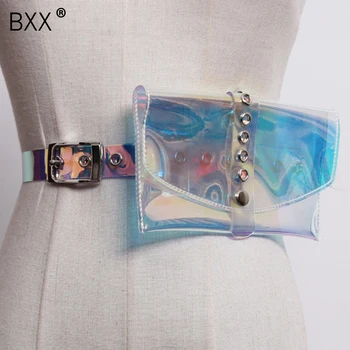 

[BXX] 2020 Spring Woman New Transparent Rainbow Color Plastic Cover Button Spliced Waist Bag Belt All Match LI636