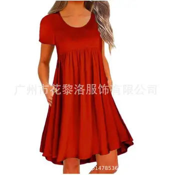 

2019 Sexy Women's Casual Dress Round Neck Short Sleeve Loose Slim Solid color Comfortable Sweet Pleated Dress with Pockets