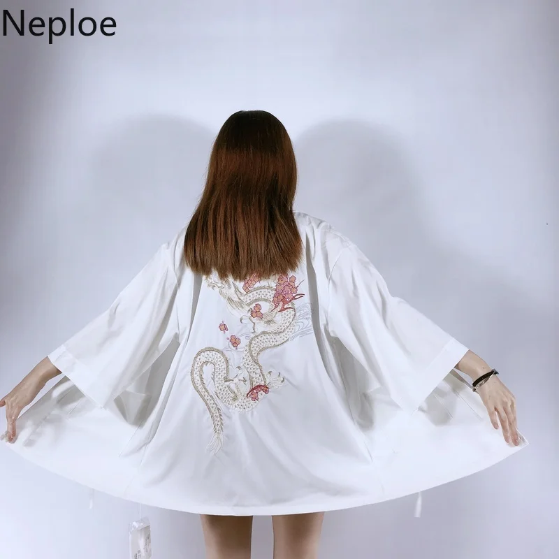 Neploe Harajuku японское кимоно кардиган Винтаж Лето Вишневый дракон вышивка рубашки черный белый Chimono женская одежда