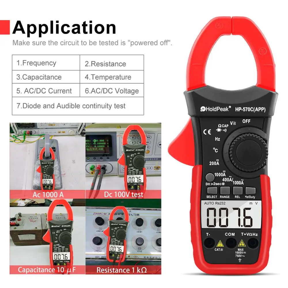 Цифровой клещи holdпиковый 570C-APP с 4000 отсчетами 1000A AC Ток Напряжение емкость тест мультиметр подключение к телефону