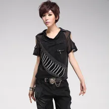 Футболка Для женщин летние топы модные, пикантные без бретелек плечо сетки Лоскутная Включите воротник короткий рукав свободные футболки Высокое качество