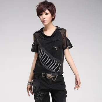 

T-shirt Women Summer Tops Fashion Sexy Strapless Shoulder Mesh Patchwork Turn Collar Short Sleeve Loose T shirts High Quality