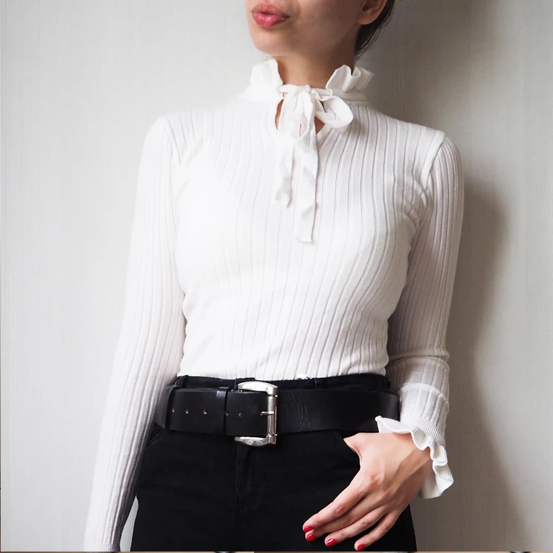 Casual Slim Sweater Women 2018 Autumn Knitting Pullovers Lace Up Long Flare Sleeve Ruffle Knitting Pullover Winter Woman Sweater Casual Slim Sweater Women 2018 Autumn Knitting Pullovers Lace Up Long Flare Sleeve Ruffle Knitting Pullover Winter Woman Sweater