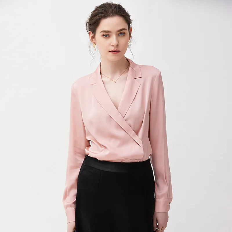 

2019 New Women Blouse Shirts Natural Silk Deep V Notched Elegant Cardigans Slim Fit Female Tops Blouse Long Sleeve Blusas Femme