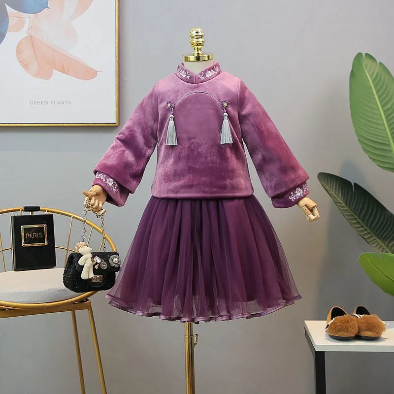 

Kids girls 2018 winter new Republican Merry Su Jia thick coat gauze skirt two-piece suit
