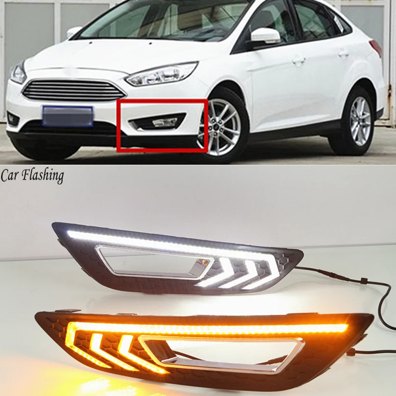 

Car Flashing 1set For Ford Focus 2015 2016 2017 2018 LED DRL Daytime Running Light Daylight yellow turn Signal lamp car Styling