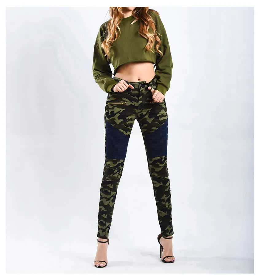 Motorcycle trousers for women stretch trim camouflage printed trousers with denim pencil trousers (7)