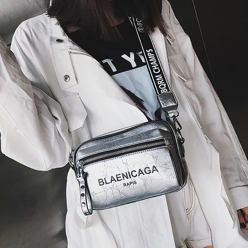 

ETAILL 2019 Fashion Silver Women's Shoulder Bag Letter Wide Strap crossbody Bags for Female Soft and Shiny Sling Message Bags