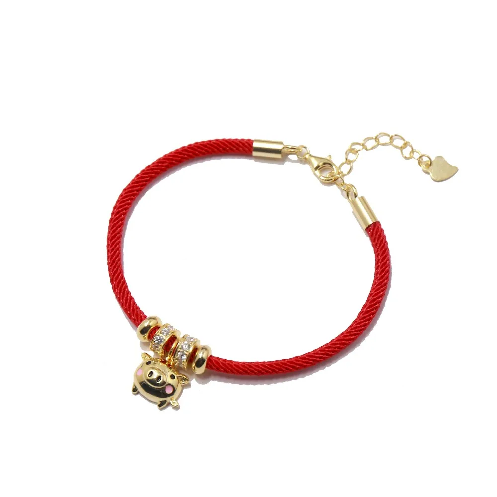 

Gold Color Cute Pig Charms Women Bracelet Fashion S 925 With Crystal and Pig Ornament Red Rope Chain Bracelet Jewelry Gift box