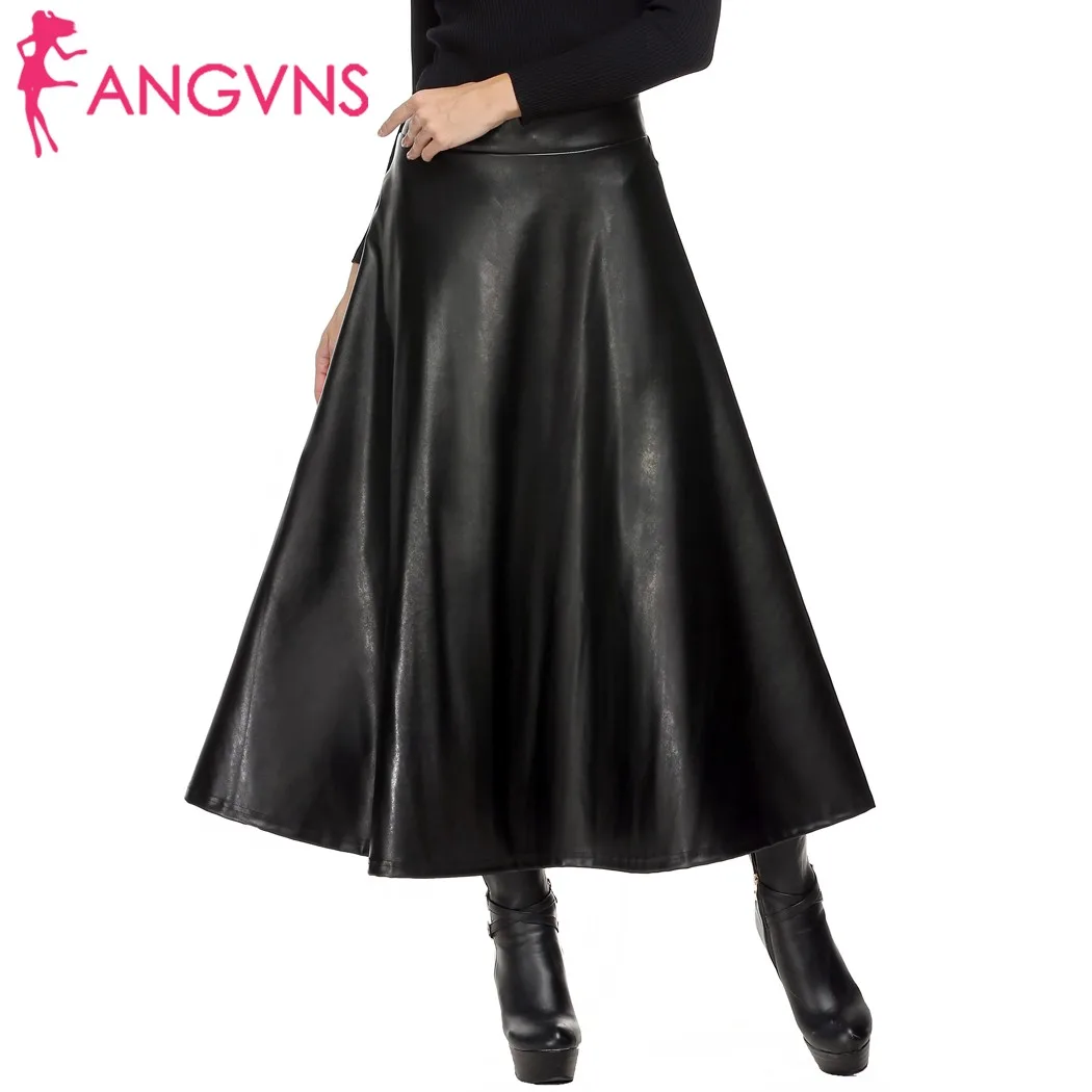 ANGVNS Winter Womens Maxi Skirt PU leather long skirt Slim Waist Autumn Vintage fashion Pleated Swing skirt Black 2018 Spring Skirts