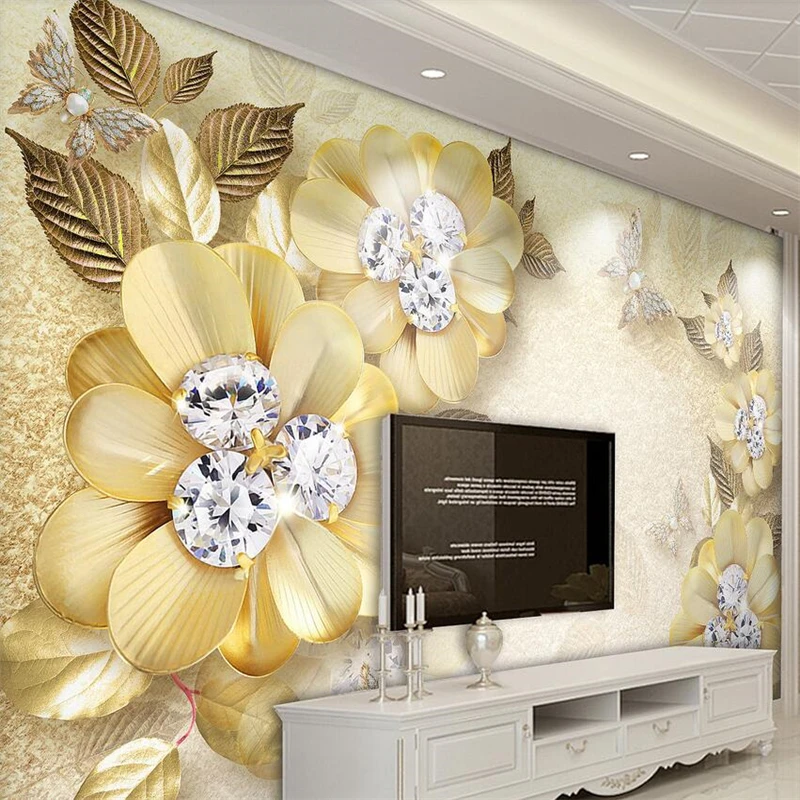 

Beibehang European luxury golden diamond flower silk jewelry wall custom large mural wallpaper papel de parede para quarto mural
