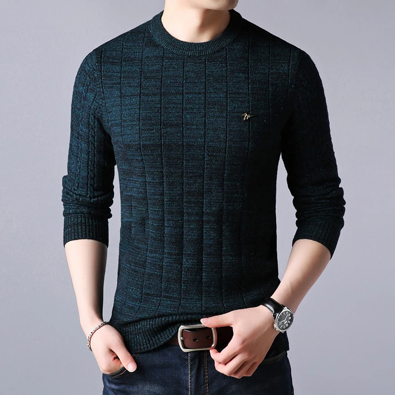 2018 winter solid color plaid sweater thickening sweater casual men fashion Korean Slim crew neck sweater 3 colors