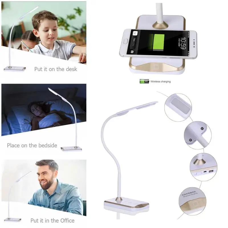 

ALLOYSEED LED Desk Lamp Eye Protection Wireless Charging Desktop Lights Station 2 in 1 Lighting and Charging Receiver