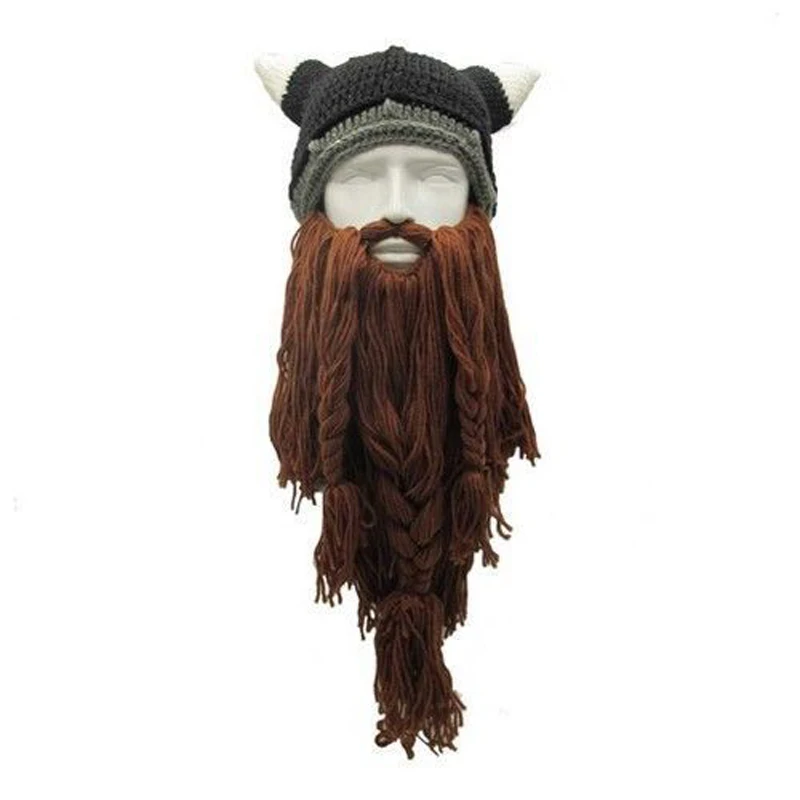 Christmas Knit Viking Beard Horn Hat Crazy Ski Cap Barbarian Vagabond Beanie