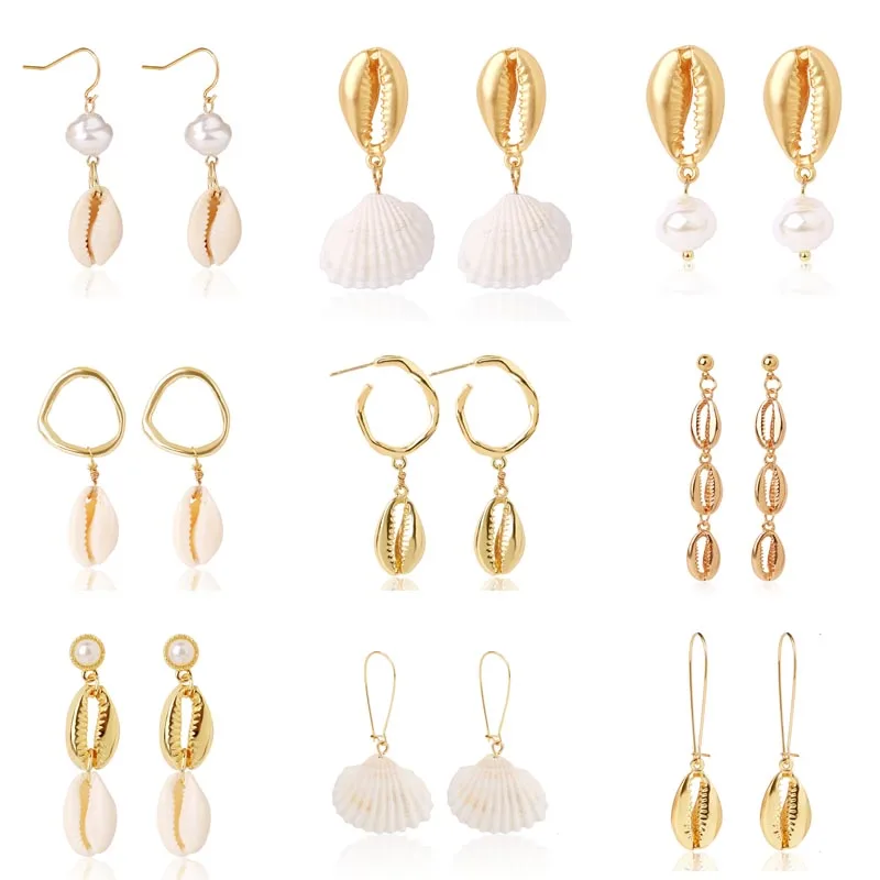 

Donarsei Bohemian Irregular Pearl Sea Shell Earrings For Women Summer Geometric Gold Metal Cowrie Drop Earrings Boho Jewelry