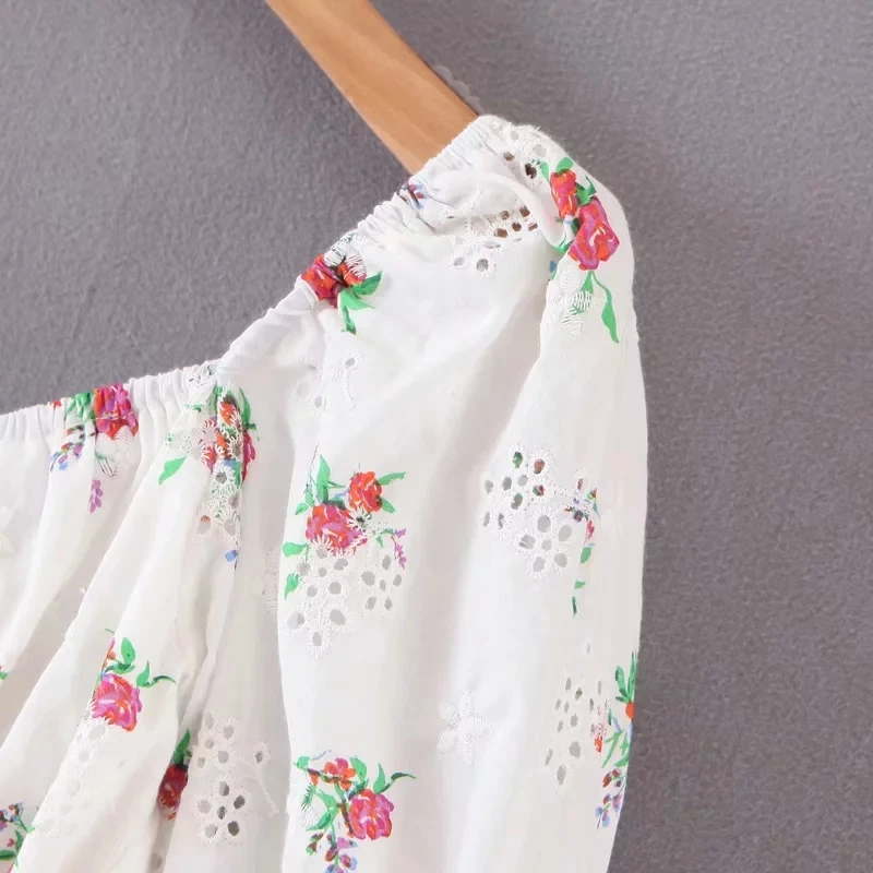 Женское платье мини Boho белое ажурное с о вырезом и рукавами фонариками лето
